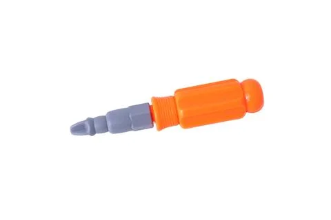 Orange plastic toy screwdriver tool isolated on a pure white background Stock Photos