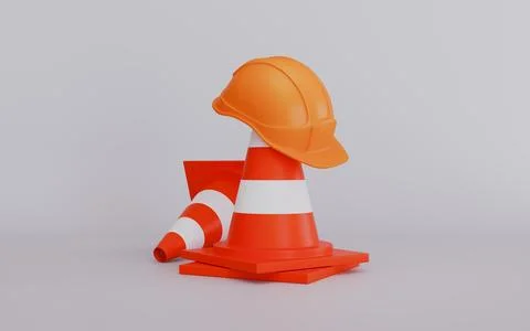 Orange plastic traffic cone and yellow worker hat, Builder helmet Stock Illustration