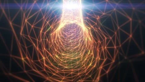 Orange polygon wireframe funnel with connected nodes and bright flare, crea.. Illustrazione stock