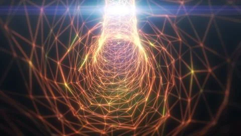 Orange polygon wireframe funnel with connected nodes and bright flare, crea.. 스톡 일러스트