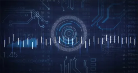 Orange polyline entering right HUD pulsing and rotating while white bars blue Stock Footage 321071027