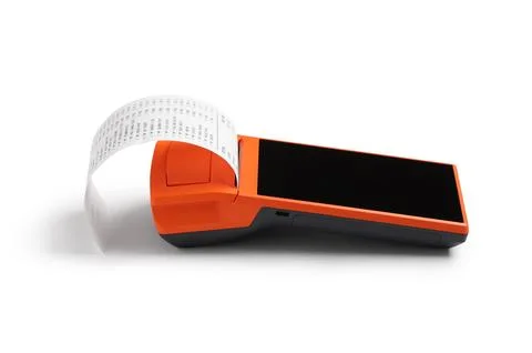 Orange portable receipt printer with printed receipt Stockfoto's
