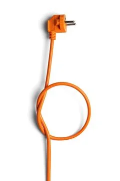 Orange power cable with plug tied in knot isolated on white background,vertical Stock-Fotos