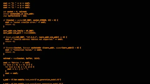 Orange programming code on a computer screen, hacker text motion graphic, 4K Stock Footage 236722558