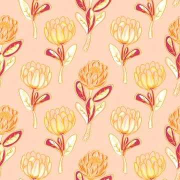 Orange protea flower seamless vector pattern. Stock Illustration