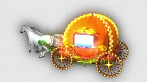 An orange pumpkin carriage decorated with lights and pulled by a white horse Stock Footage 340250413