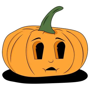 Orange pumpkin with green stem and sad face. Illustrazione stock