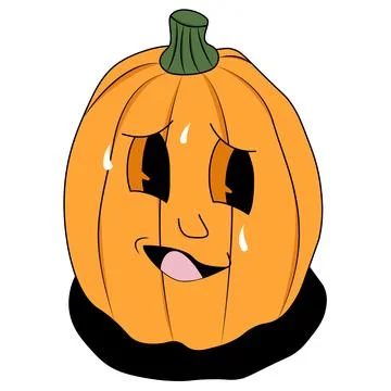 Orange pumpkin with green stem, sad face, tears. Illustrazione stock