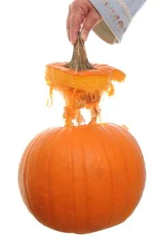 Orange pumpkin  isolated on a white background with its top floating above it Stock Photos