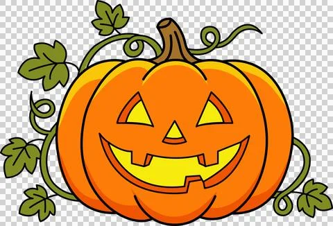 Orange pumpkin jack o lantern with yellow eyes, leaf and curling vine Stock Illustration