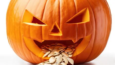 Orange pumpkin Jack O lantern with seeds vomit coming out of mouth. decorat.. Foto stock