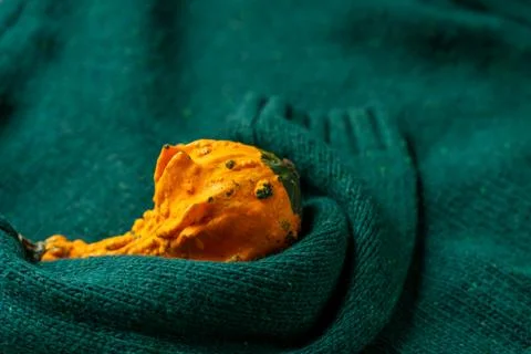 Orange pumpkin near a stack of knitted sweaters on a knitted blanket Stock Photos
