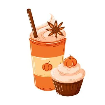 Orange pumpkin spice latte drink with cupcake. Autumn dessert set for cafe menu Stock Illustration