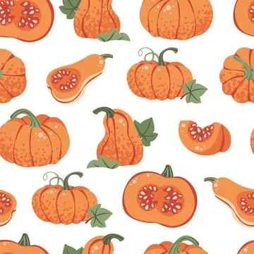 Orange Pumpkins Seamless Pattern Flat Vector. Thanksgiving, Harvest Festival Stock Illustration