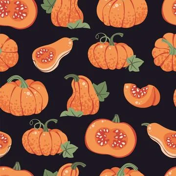 Orange Pumpkins Seamless Pattern Flat Vector. Thanksgiving, Harvest Festival Stock Illustration