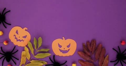 Orange pumpkins shapes, fall leaves, spiders and "Happy Halloween" text Stock Footage 345703713