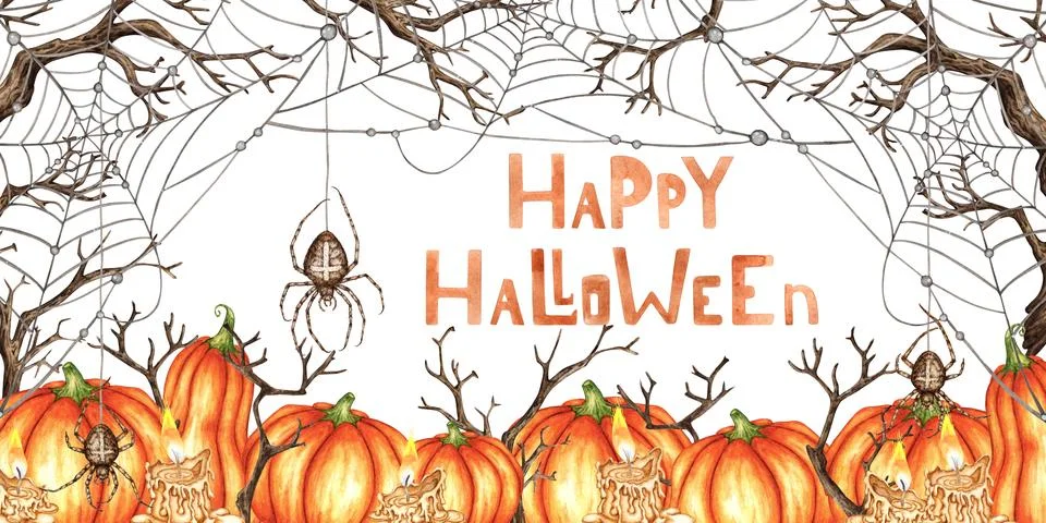 Orange pumpkins web and dry branches banner watercolor Stock Illustration