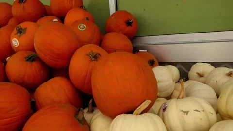 Orange pumpkins! White Pumpkins! Closeup pan of both at market storefront Vídeo Stock 142851412