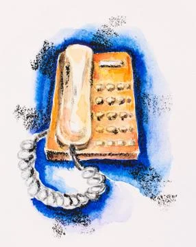 Orange push-button telephone on blue, watercolor with slate-pencil painting Foto stock