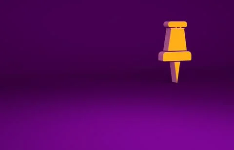 Orange Push pin icon isolated on purple background. Thumbtacks sign. Minimali Stock Illustration