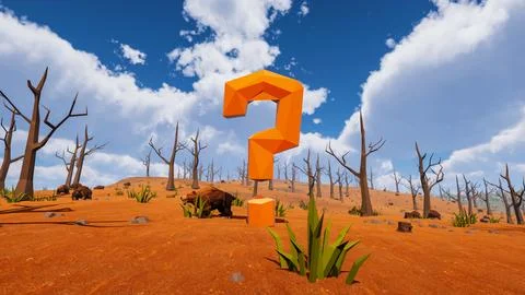 An orange question mark in the center of a natural environment in low poly .. 库存插图