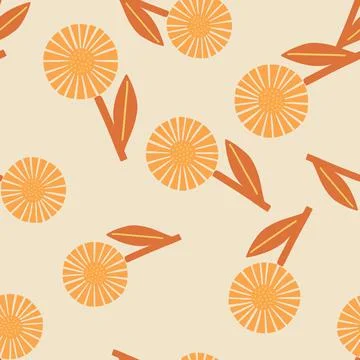 Orange random geometric daisy elements seamless pattern. Grey background. Blo Stock Illustration