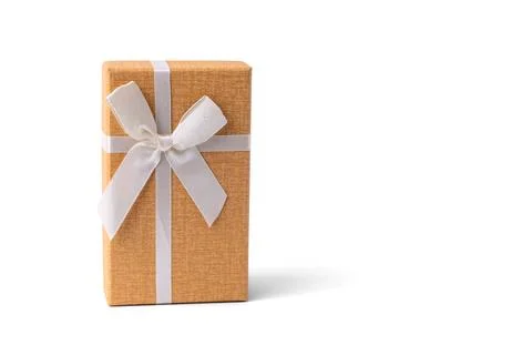 Orange rectangular gift box tied with white ribbon bow isolated on white ba.. Stock Photos
