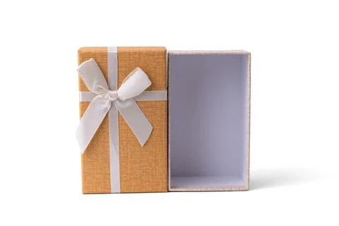 Orange rectangular gift box tied with white ribbon bow isolated on white ba.. Stock Photos