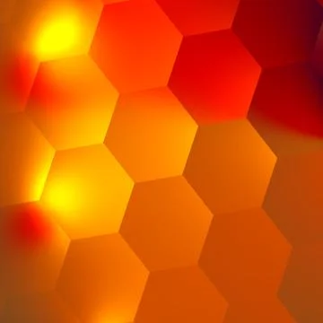 Orange Red Abstract Hexagons Background. Bright Light Effect in Dark. Honeycomb. Stock Illustration