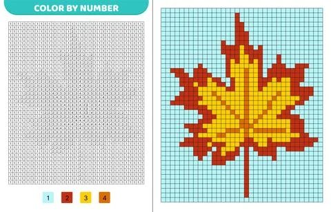 Orange red autumn maple leaf. Color by number. Pixel coloring book. Numbered Stock Illustration