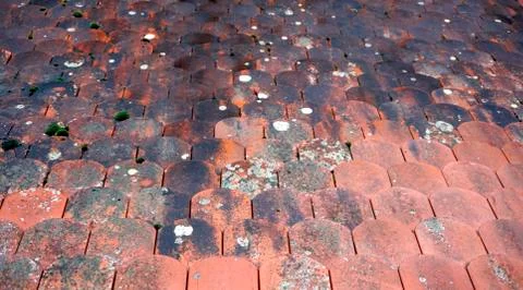 Orange Red old ceramic tile roof top shingles middle ages texture background Stock Photos