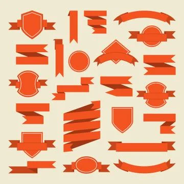Orange ribbons and label set in flat style Stock Illustration