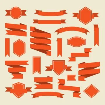 Orange ribbons and label set in flat style Stock Illustration
