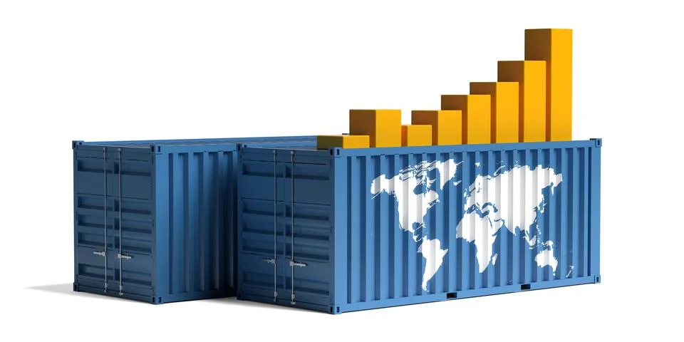 Orange rising bar graph on blue cargo, freight or shipping containers with .. Stock Illustration