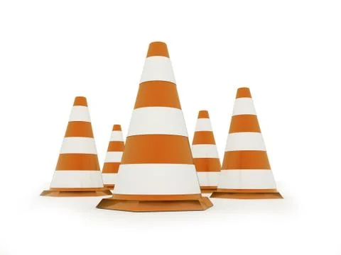 Orange road cones rendered isolated on white background Stock Illustration