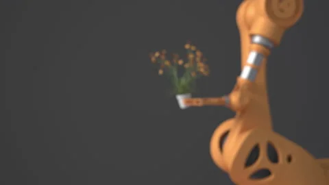 An orange robot holds a pot with a flower. Blurry gray background. The concept o Stock Footage 170993472