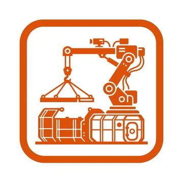 Orange robotic crane icon with tracked base for industrial heavy lifting op.. Stock Illustration