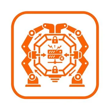 Orange robotic mechanical arm icon protecting digital server hardware envir.. Stock Illustration