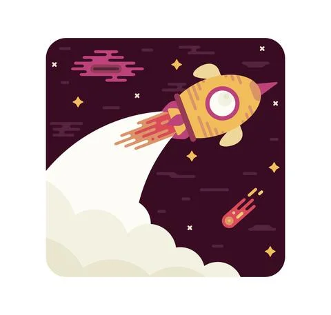 Orange rocket takes off into space - Vector illustration in flat cartoon stile Stock Illustration