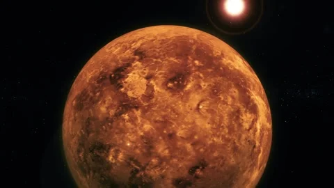 Orange rocky planet in deep space with a bright star and glowing light above Stock Footage 340388352