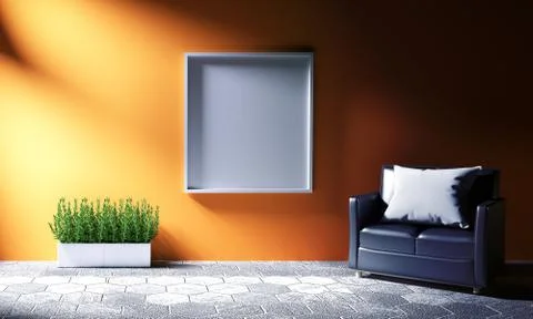 Orange room on hexagon tile. 3D rednering Stock Illustration