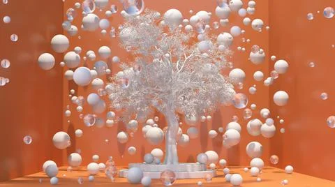 Orange room. White tree and glass balls. Abstract illustration, 3d render. Illustrazione stock