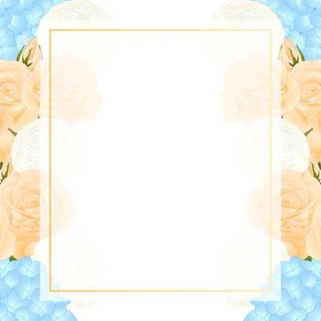 Orange Rose, Blue Hydrangea and White Ranunculus Banner Card Border Stock Illustration