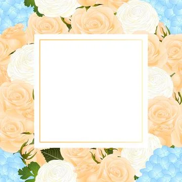 Orange Rose, Blue Hydrangea and White Ranunculus Banner Card Stock Illustration