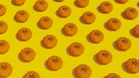 Orange round pumpkins on yellow background, pattern with natural shadow. Stock Photos