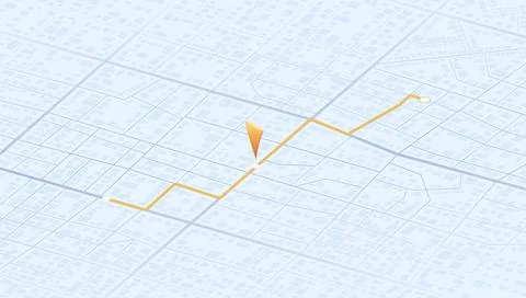 Orange route path displayed on blue city street grid map with location marker Stock Illustration