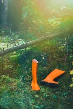 Orange rubber boots in the forest Stock Photos