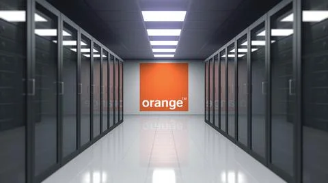 Orange S.A. logo on the wall of the server room. Editorial 3D rendering Stock Illustration