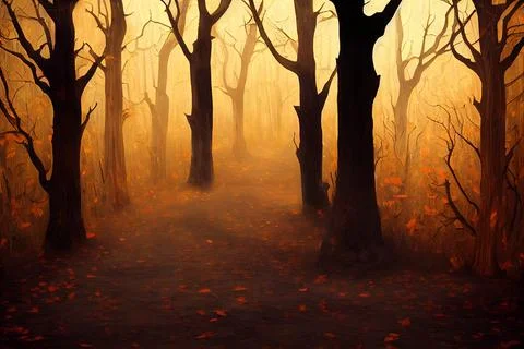 Orange Scary Forest with old trees, Halloween Stock Illustration