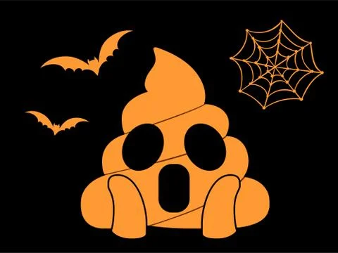 Orange scary shit face flat icon with flying bat and spider net Stock Illustration